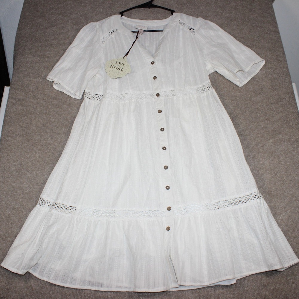 Knox Rose White Eyelet Lace Button Down Mini Dress Short Sleeve Boho Medium NEW